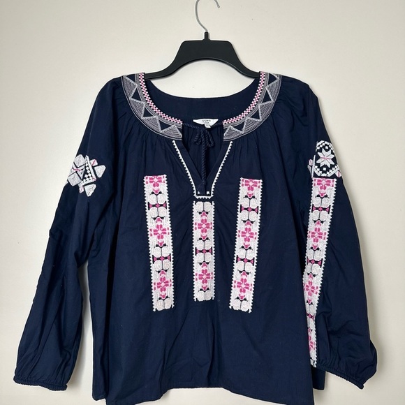 Crown & Ivy Bohemian Peasant Embroidered Blouse Long Sleeves‎ Size Large Petite - Picture 1 of 7